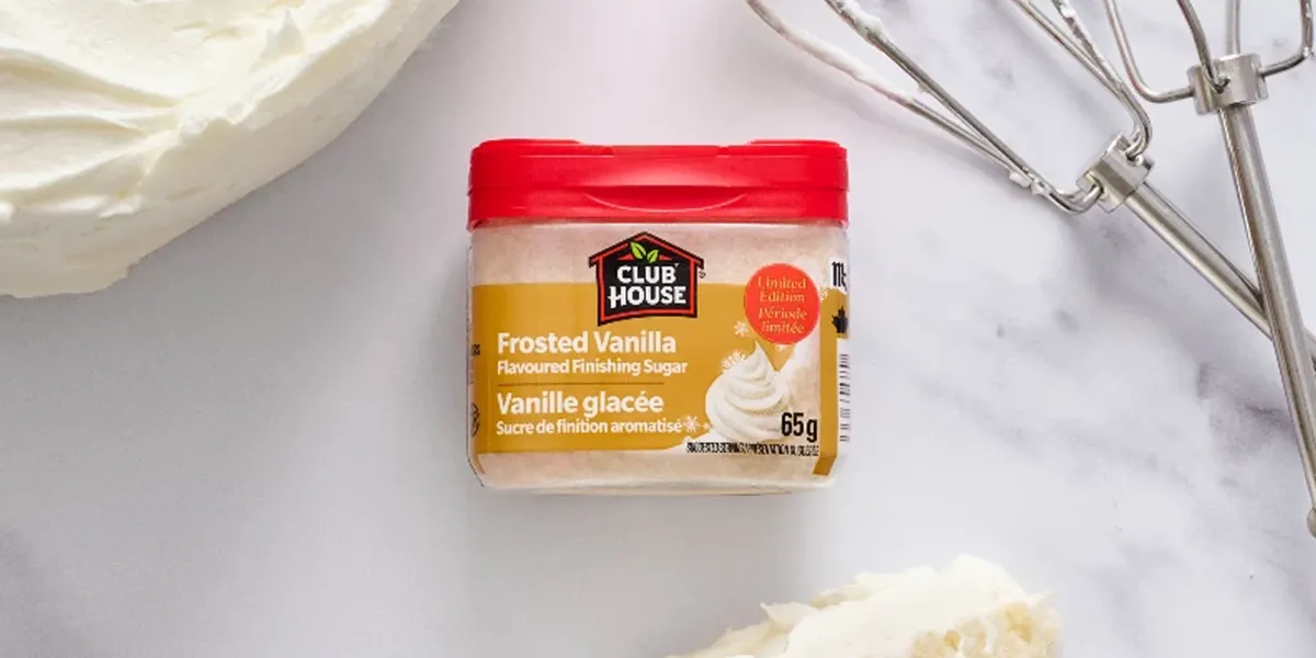 Club House Frosted Vanilla Finishing Sugar 65g limited edition on kitchen counter